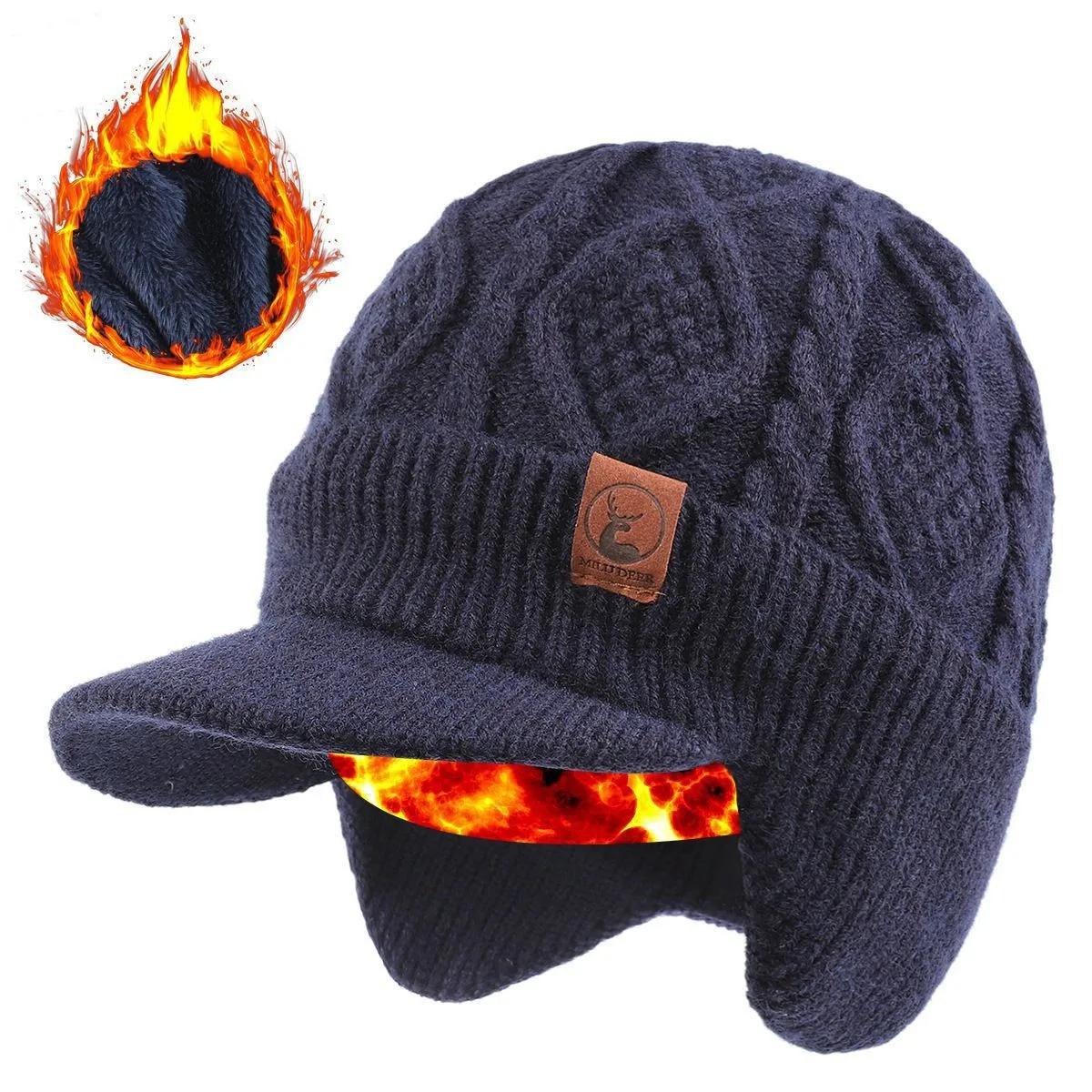 

SUPER WARM Winter Beanie Hat Men Women Thick Fleece Lined Cap with Earflaps Visor Brim Outdoor Windproof Ski Snow Hat Knit темно-синий