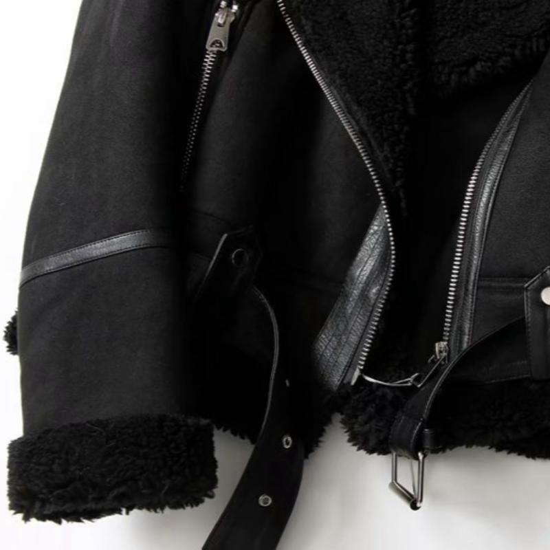 Abbigliamento invernale da donna Cappotto in pelliccia scamosciata spessa da motociclista con risvolto largo da donna