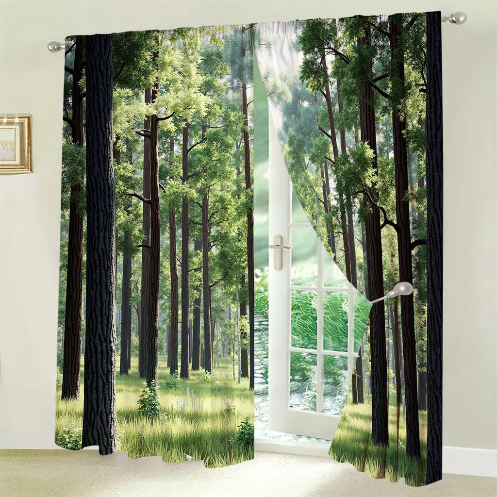 2pcs Healing Green Forest Pattern Curtains   Distinctive Printed Curtains   Suitable for Gifting To Family and Friends