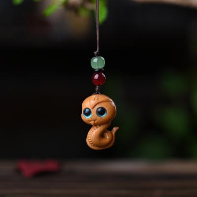 Natural Wood Carved Zodiac Animal Keychain Pendant Handmade Chinese Style Portable Accessory for Car Bag Phone Decoration Snake Design
