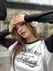 2026 Spring/Summer Women's Black & White Patchwork Raglan Long Sleeve Tee - American Style Print, Loose Fit, Color Block Trendy Top