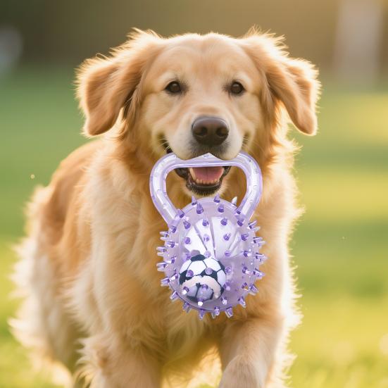 Dog Calming Ball Squeaky Rubber Chew Toy Interactive Spiky Ball with Handle Toss