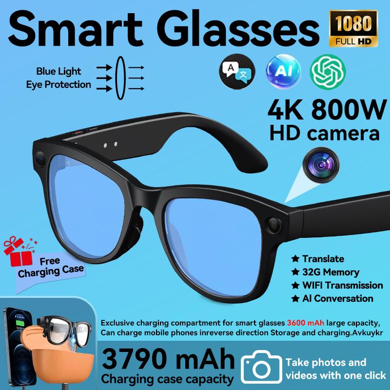 4K 800W HD Camera AI Smart Glasses Men Record Video 3790mAh Battery Languages Translation 3D Music Player Glasses With Camera