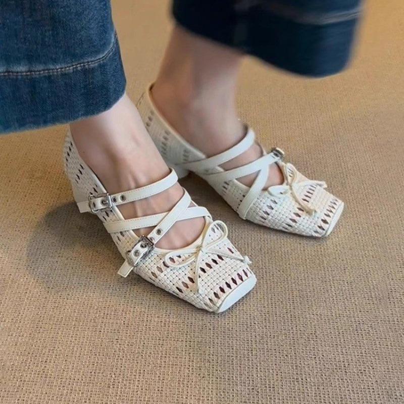 

Fashion Sweet Style Mary Jane Shoes Women s Breathable Woven Hollow out Cross Band Spring Summer New Model Korean Version Single Shoes 40