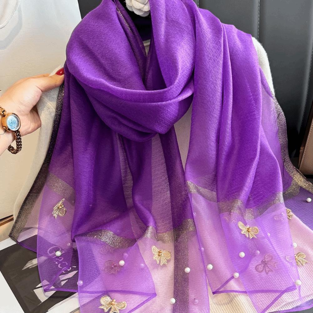 Bow Thin Silk Scarf Korean Women Hijab Shawls Fashion Embroidery Scarf Autumn темно-фиолетового