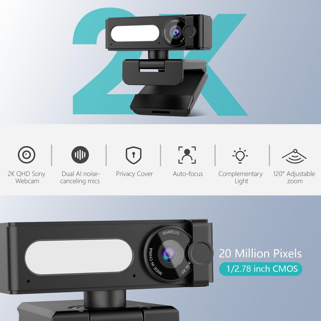 2K QHD 20MP Webcam with Dual AI Noise Cancelling Auto Light Privacy USB Plug Play Webcam, Microphone, Autofocus, Correction, 120° Ultra-Wide Angle,