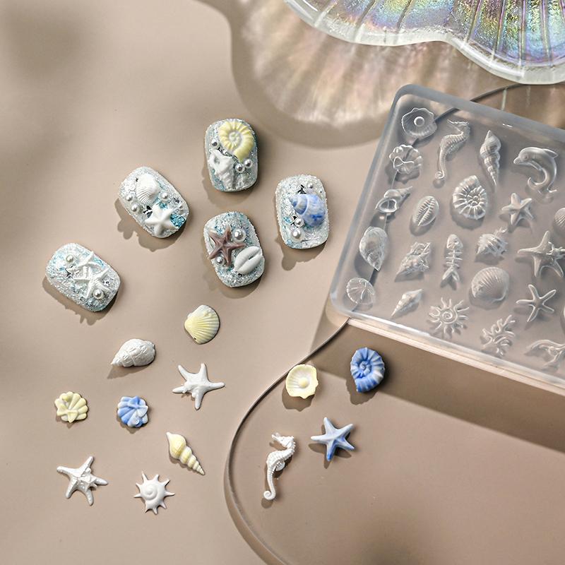 1Pcs Sea Shell Starfish Goldfish Koi Fish 3D Acrylic Nail Mold Summer Sea Jellyfish Diy Lace Bow Silicone Mold Nail Art Mold