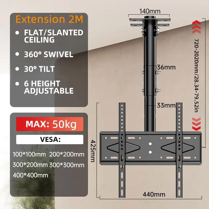 BEISHI TV Ceiling Mount Adjustable Bracket Fits Most LED, LCD Plasma Flat Screen Display 26 To 65 Inch, Up To 110 Lbs 30° Tilt