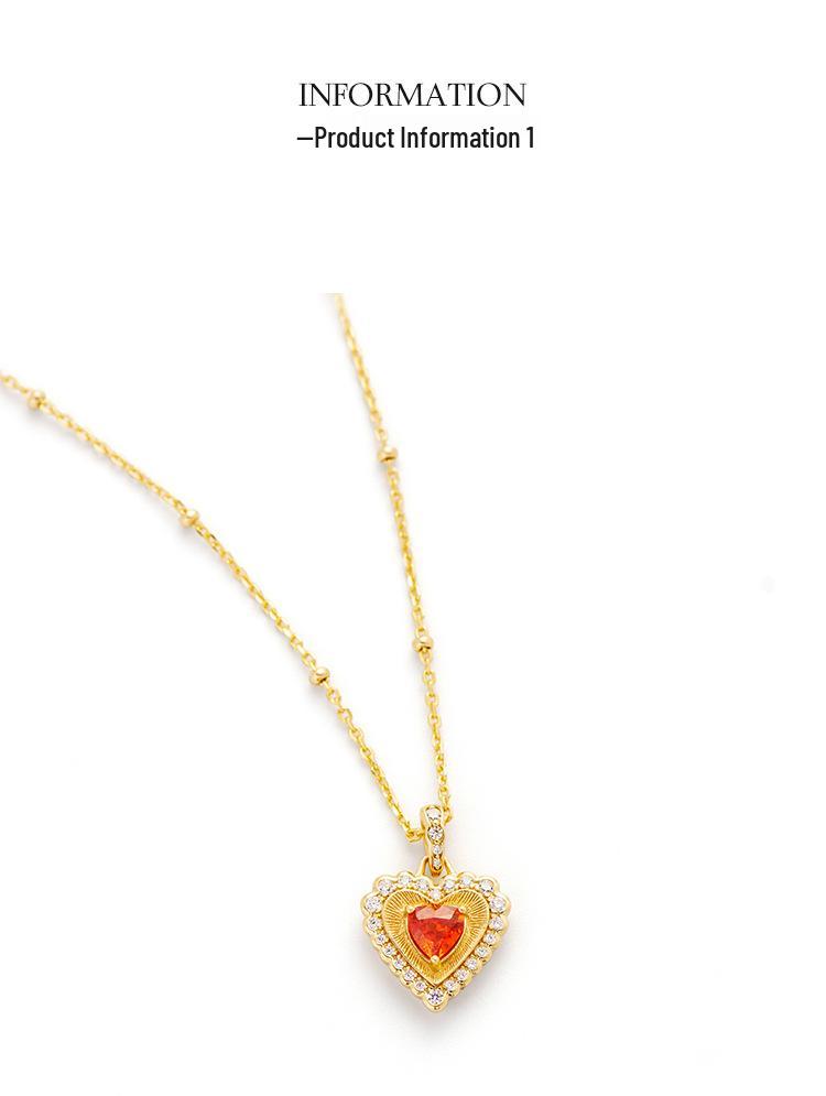 Exquisite S925 Sterling Silver Heart Necklace with Brushed Finish and Padparadscha Gemstone Pendant for Women