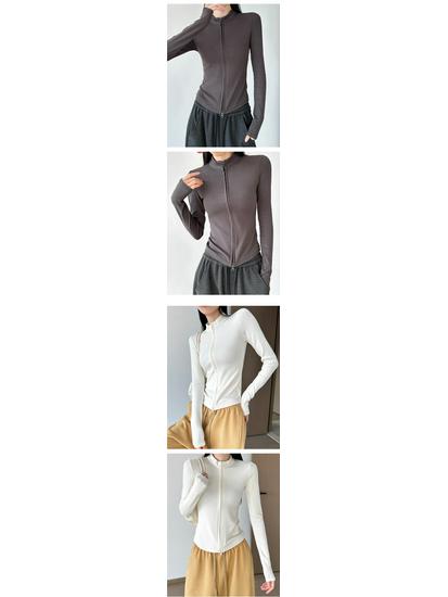 Women's White Slim Fit Zipper Cardigan: Stand Collar Long Sleeve Autumn/Winter Base Layer