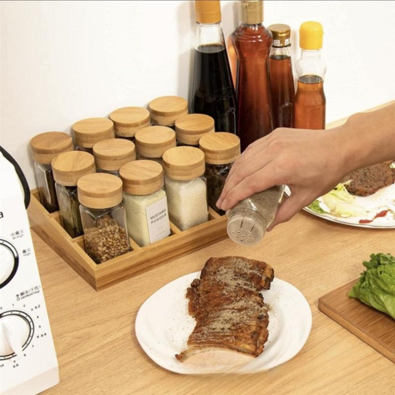 Glass Spice Jars W/ Bamboo Lids + Wood Tray, Storage Containers Storage Jars Flour Jar Kitchen Canisters