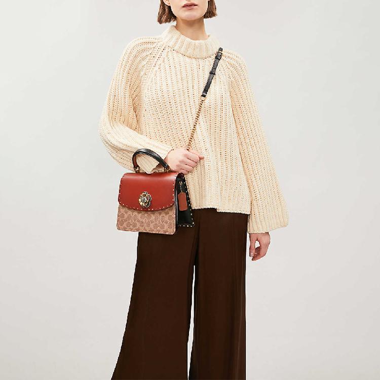 Coach Parker 23 Top Handle Camellia Studded Leather Crossbody Bag Women Handbags Brown 53349-B4NQ6