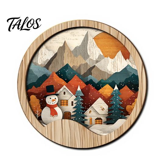 Seasonal Festive Wall Hanging Boho Wooden Decor, Christmas Winter Landscape Round Sign, Rustic Vintage Decor Aesthetic Art Ornament for Living