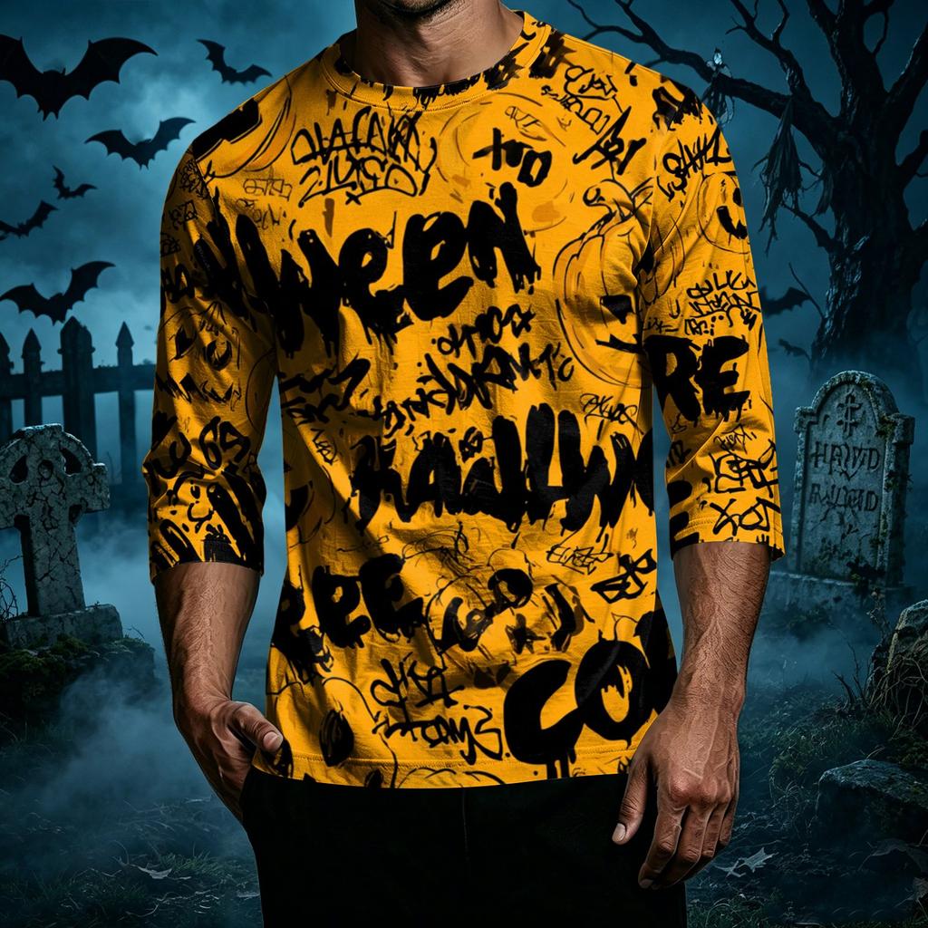 Men Casual Halloween Printed Crew Neck Three Quarter Sleeve T Shirt Comfortable Fit Soft Fabric Novelty Top for Holiday