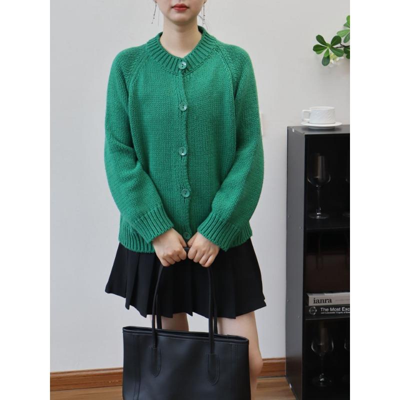 Autumn and winter new round neck loose lazy wind knitted cardigan solid color retro sweater jacket women