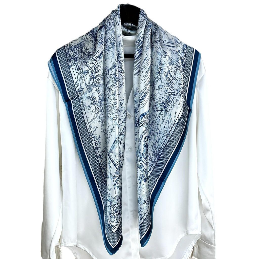 Shiyun Jiangnan Ink Painting Wind Garden 100% Mulberry Silk Retro Versatile Color Matching 90 Square Scarf Neck Protection Small Scarf,