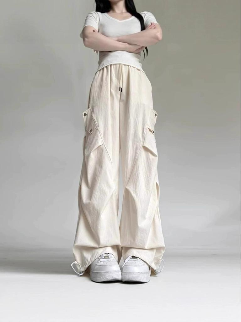 Women's XS Off-White Quick-Dry High-Waisted Wide-Leg Cargo Pants - Petite, Summer 8-Point Style