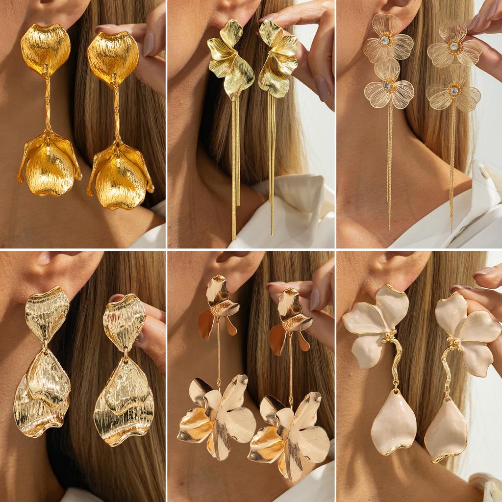 Fashion Metal Three-Dimensional Flower Fringed Chain Stud Earrings, Design Pleated Oil Dripping Petal Earrings