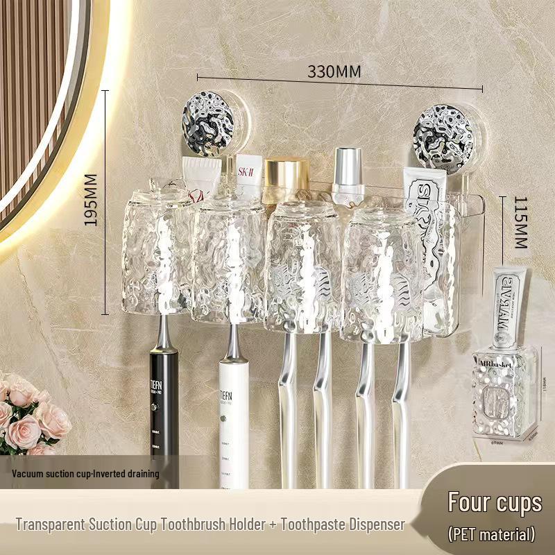 Wall-Mounted Suction Cup Toothbrush & Toothpaste Holder Set with Tooth Squeezer and Cup for Family Bathrooms
