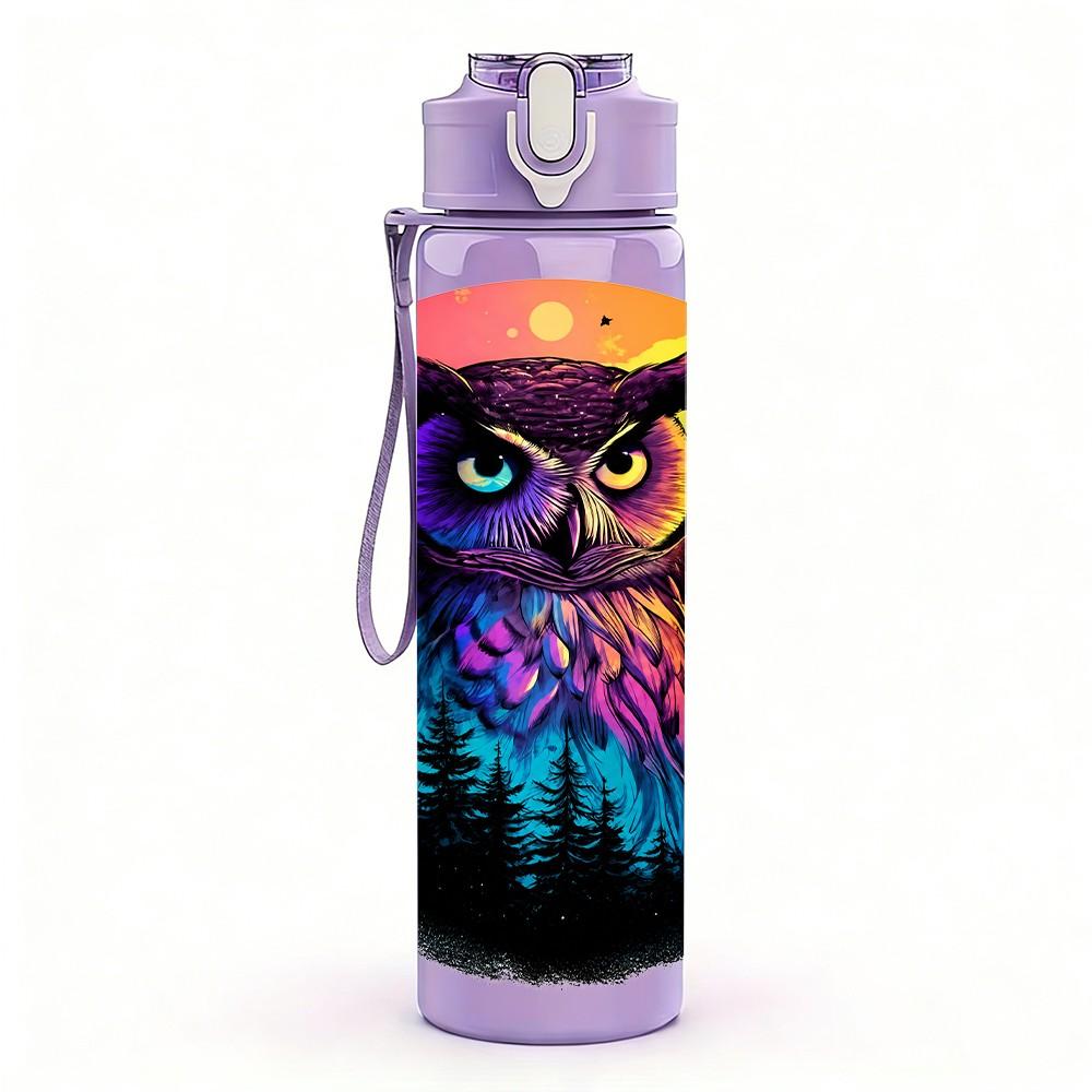 1PC Rainbow Colorful Owl 750ml Color Plastic Sports Water Bottle Leakproof Flip Straw Lid Suitable for Sports Office Home Use