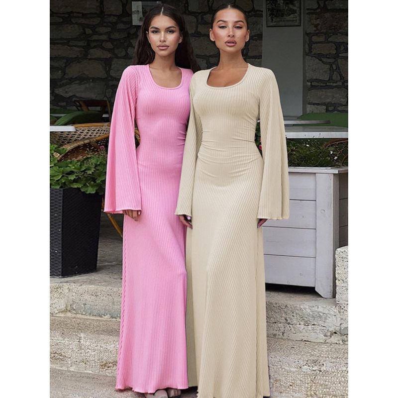 Fashion Fashion U-Collar Waist Trimming Lace Up Dress Rib Minimalist Temperament Pure Color Large Bell Sleeve Classic Dress