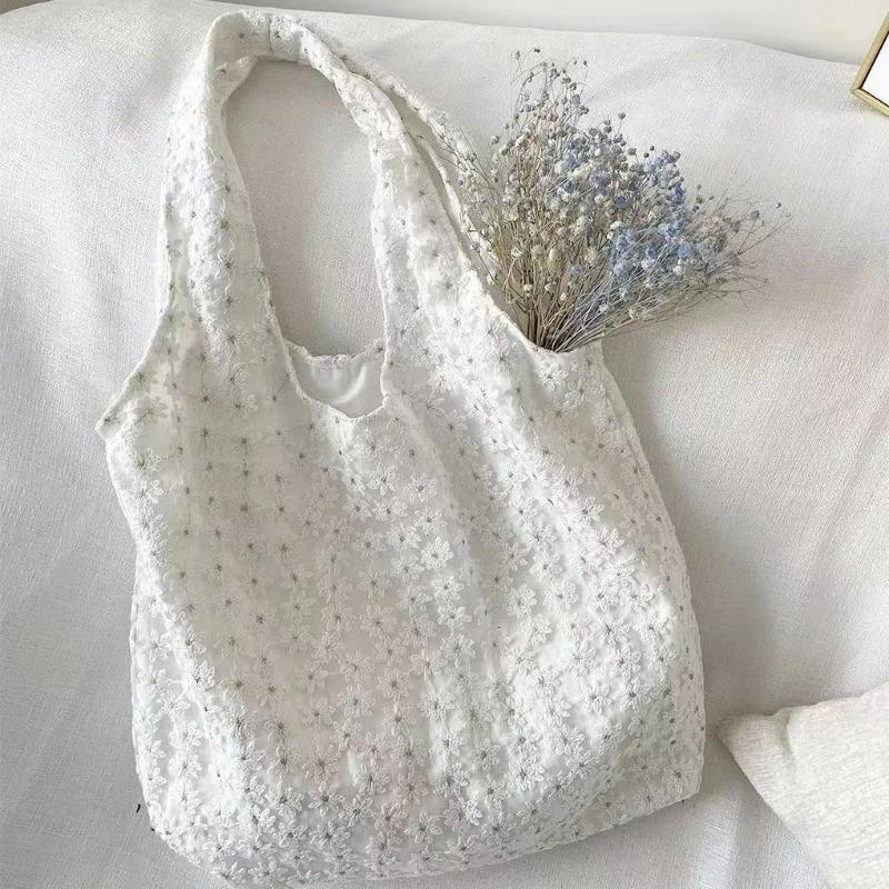 Korean Mesh Flower Shoulder Bag 3D Lace Cherry Blossom Hobo Purse Sweet Crossbody Bag for Women Summer Aesthetic Tote Pouch