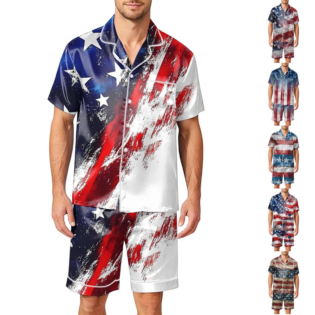 Men's Satin Short Sleeve Pajama Set Two Piece Soft Lightweight Sleepwear with Shorts and Pockets Button Down Top Lounge Suit