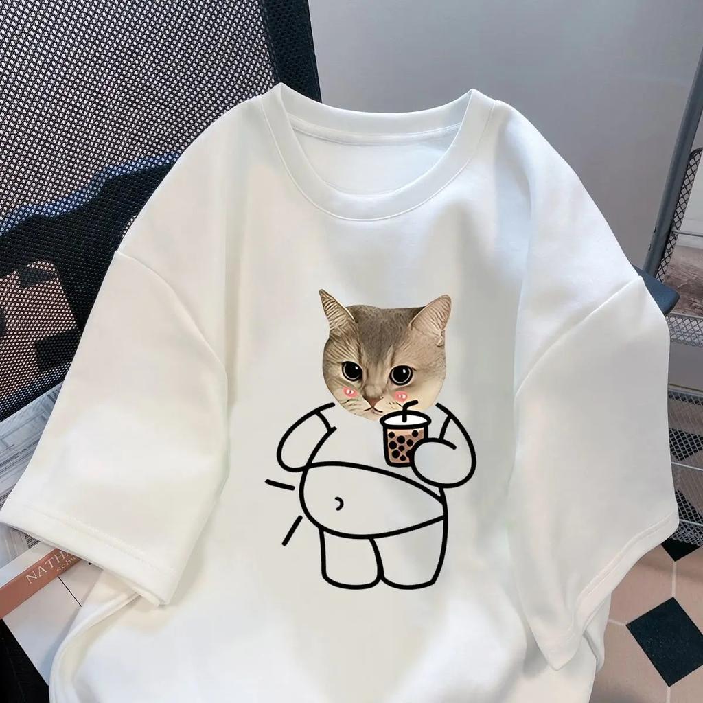 2026 New Summer Cute Kitten Print Shortsleeved Tshirt Couple Clothes Ins Korean Version Versatile Trendy Casual Streetwear
