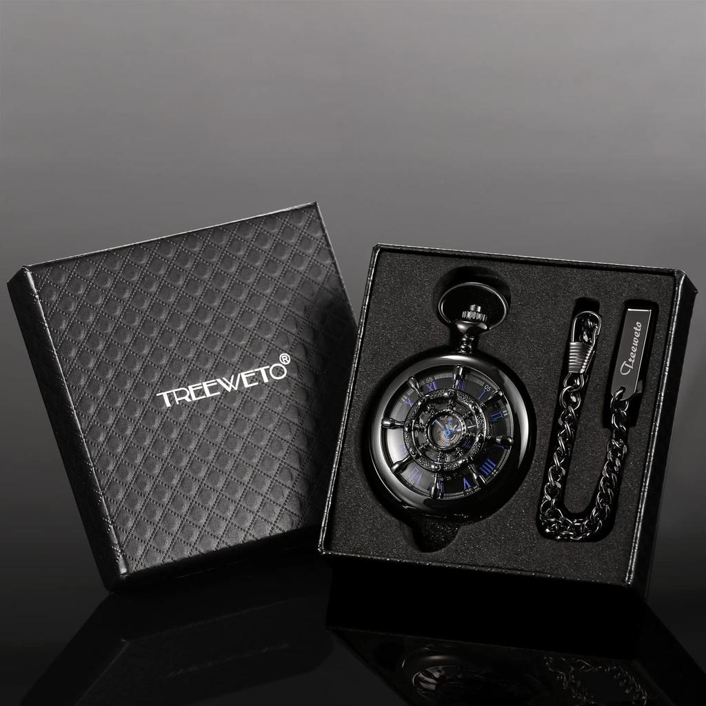 TREEWETO Mechanical Pocket Antique Ladder Skeleton Roman Double with Chain Watch, Case, Design, Numerals, Black, Hunter,