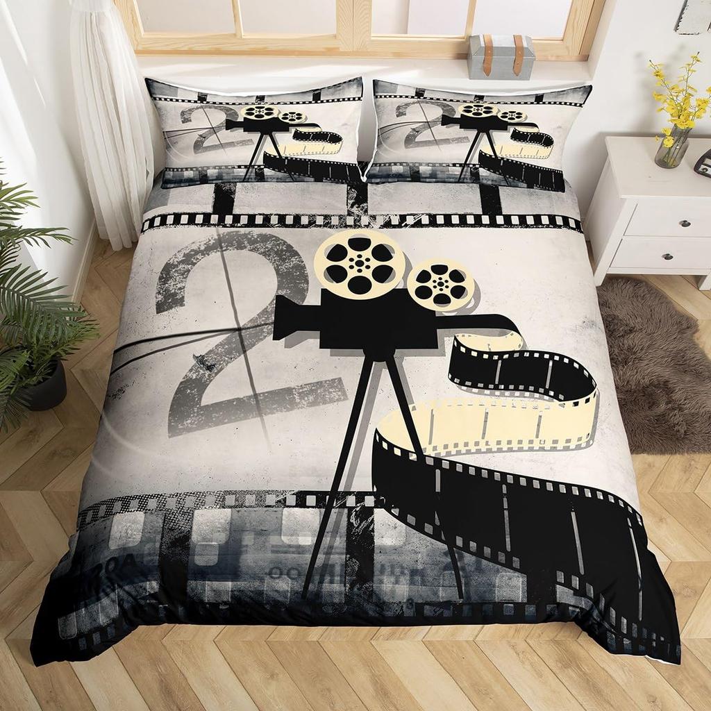 Movie Theme Duvet Cover Movie Theater Decor Bedding Set Full King Vintage Cinema Ticket Clapboard Popcorn Print Comforter Cover