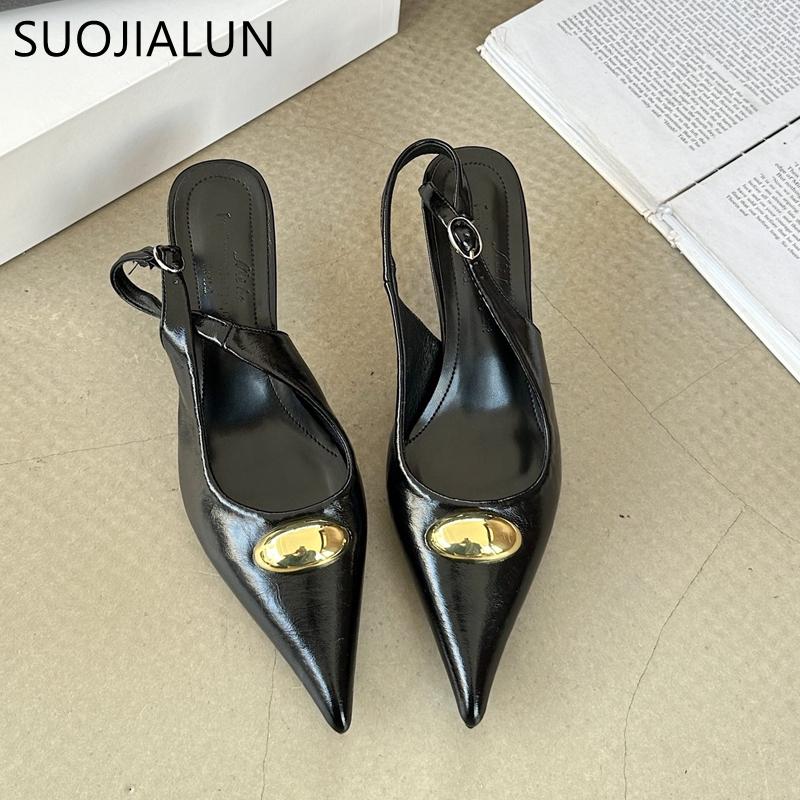 Fashion SUOJIALUN 2025 Spring New Brand Women Sandal Fashion Gold Buckle Ladies Elegant Slingback Sandals Thin High Heel Pointed Toe Pum