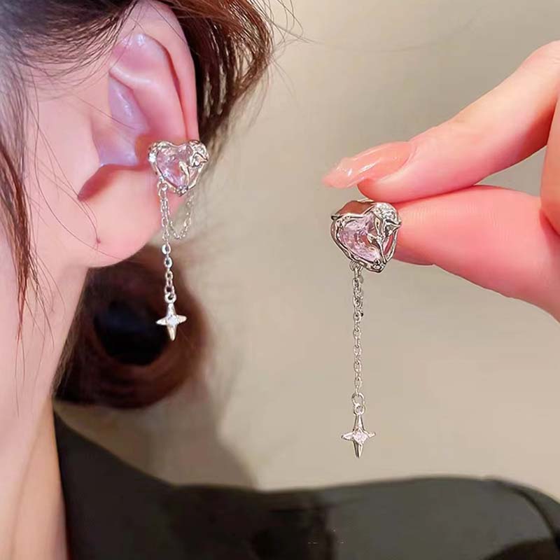 Romantic Zircon Heart Star Dangle Earrings for Women Sweet Pink Opal Long Tassel Chain Ear Cuffs Y2K Accessories Fine Jewelry