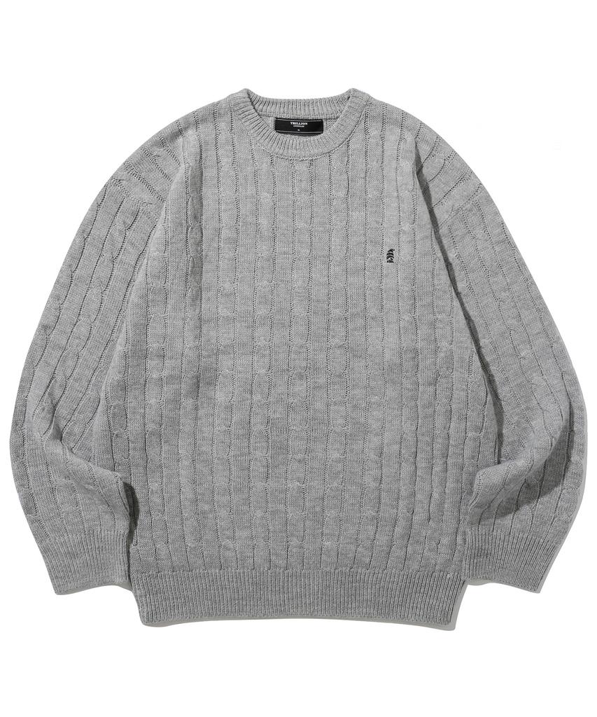 TRILLION Washable Boat Embroidered Cable Crew Neck Knit (Neutral Gray)