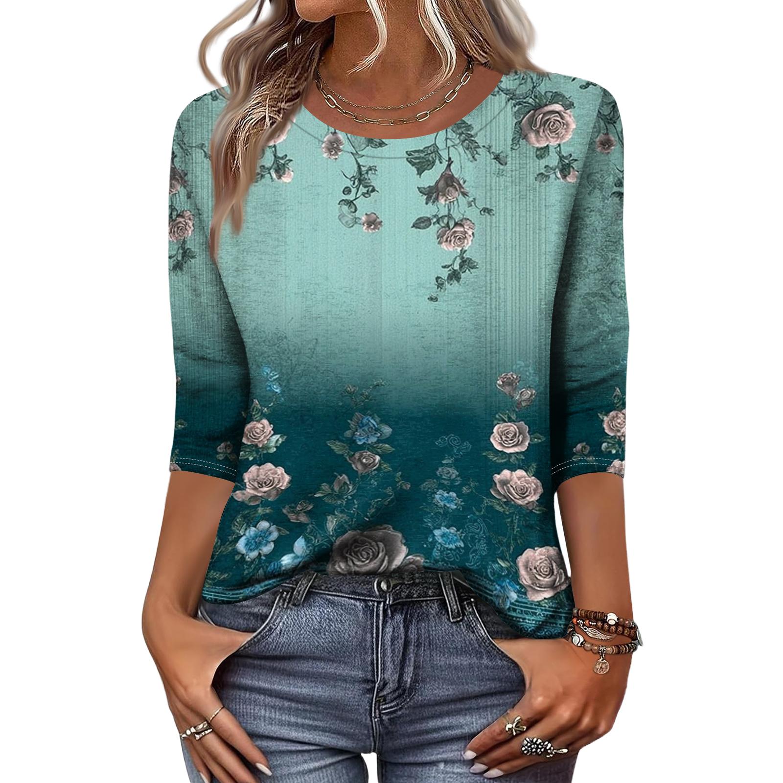 

Women s Fashion Casual Round Neck 3/4 Sleeve Loose Printed T-Shirt Ladies Top XL фіолетовий