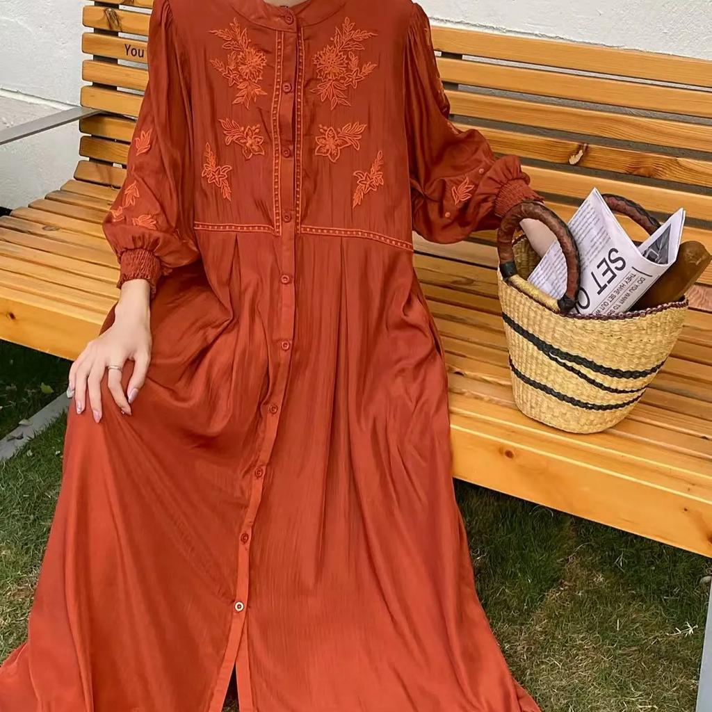 Spring Autumn Dress Women Floral Embroidery Fashion Ruffle Pleated Ladies Dresses Long Sleeve Loose Woman Dress