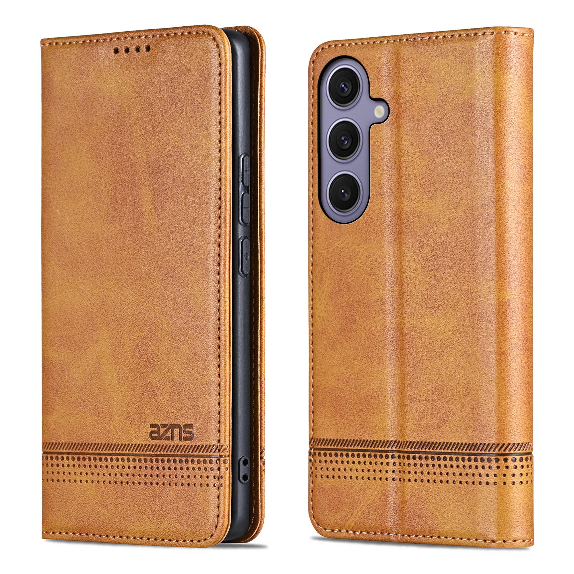 

AZNS For Samsung Galaxy S25 FE Case Cowhide Texture PU Leather Wallet Phone Cover Brown