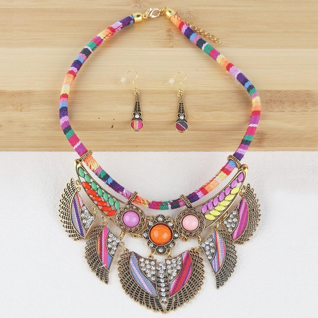 Popular Bohemian Ethnic Style Exaggerated Jewelry Set Women's Necklace Earrings Diamond Jewelry