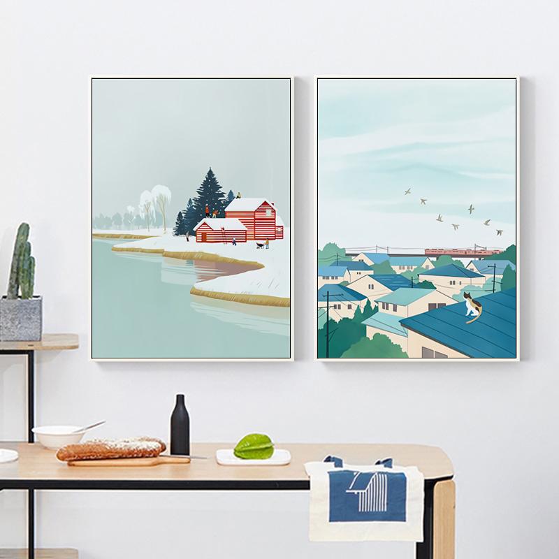 Winter Village Train Landscape Canvas Painting Nordic Anime Style Natural Poster Print Wall Art Picture Modern Home Decoration