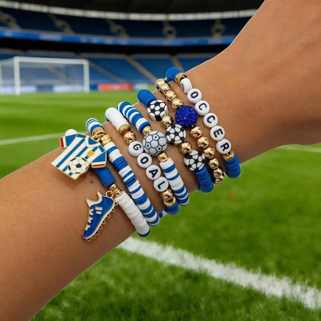 SHIXIN Colorful Beaded Bracelet Set Football Basketball Letter Charms Hand Chain Women Men Sports Jewelry Stackable Bracelet New