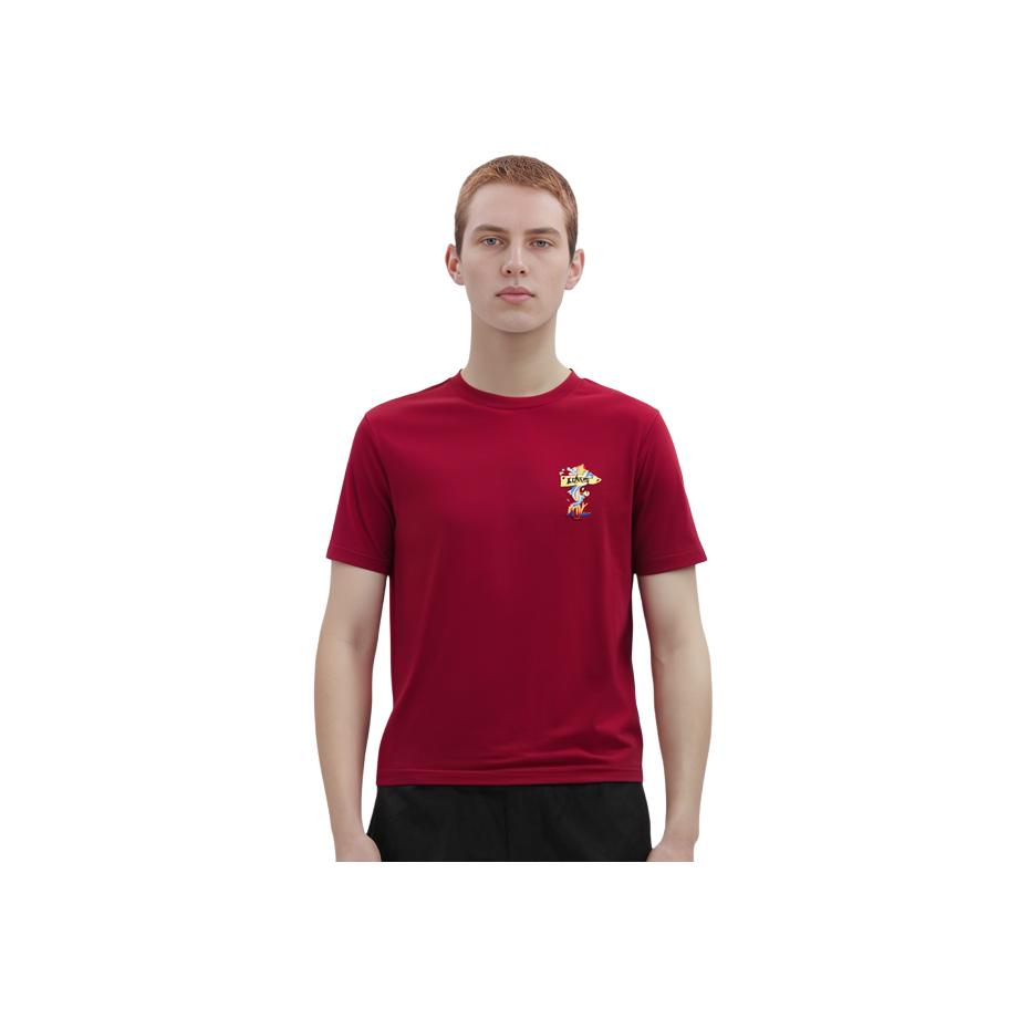 Li-Ning Embroidered Pattern Crew Neck Pullover Short Sleeve T-Shirt Men Tops Samba-Red AHSU009-5