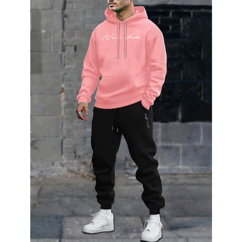 Men's Printed Hoodie and Pants Paired with Velvet, New Autumn and Winter Two Piece Couple Sportswear and Drawstring Casual Pants