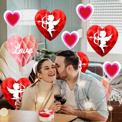 6Pcs Valentine's Day Heart Ornament Paper Honeycomb Hanging Decoration Romantic Red Pink