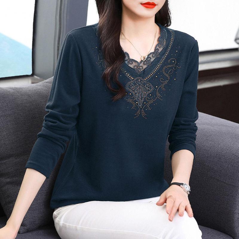 

Женская одежда осень-зима стильные кружевные лоскутные футболки со стразами толстые базовые женские однотонные свободные топы с V-образным вырезом и длинными рукавами 4XL синий