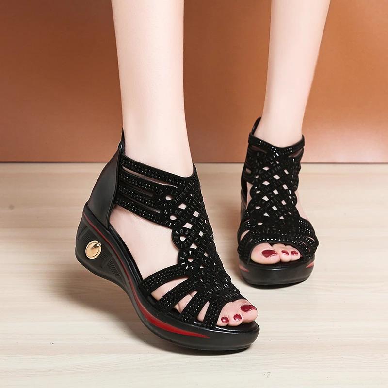 Fashion 2025 Summer Wedges Peep Toe Sandals Rhinestone Rome Back Zip Comfortable Outdoor Casual Footwear for Women's Daily Versatile