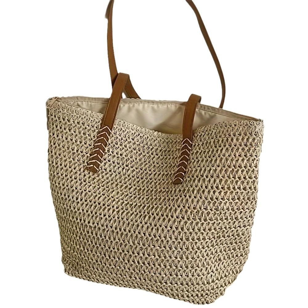 Fashion Woven Tote Bag for Women, Large Capacity Casual Shoulder Handbag, Summer Beach and Vacation Bag with Zipper CLE