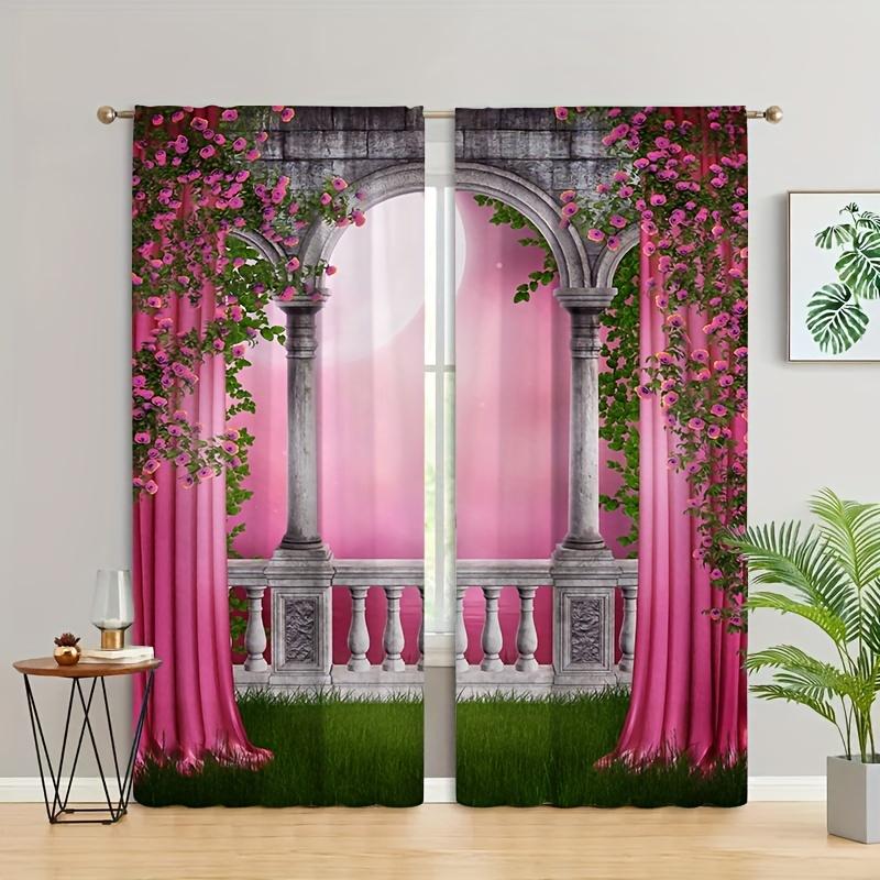 2 st Rosa Blomtryckta Gardiner Kristallvindspel För Vardagsrum Arbetsrum Sovrum Matsal Bakgrundsgardin Heminredning