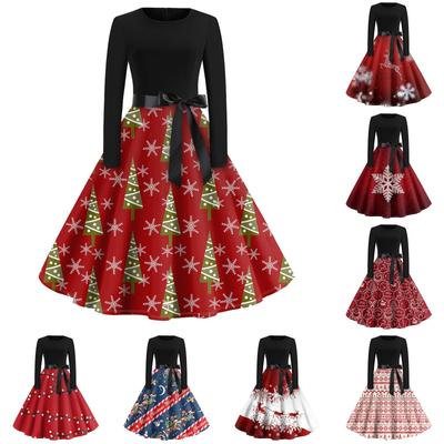 Christmas Print Flare Dress For Women Round Neck Long Sleeve Dress Casual Dresses