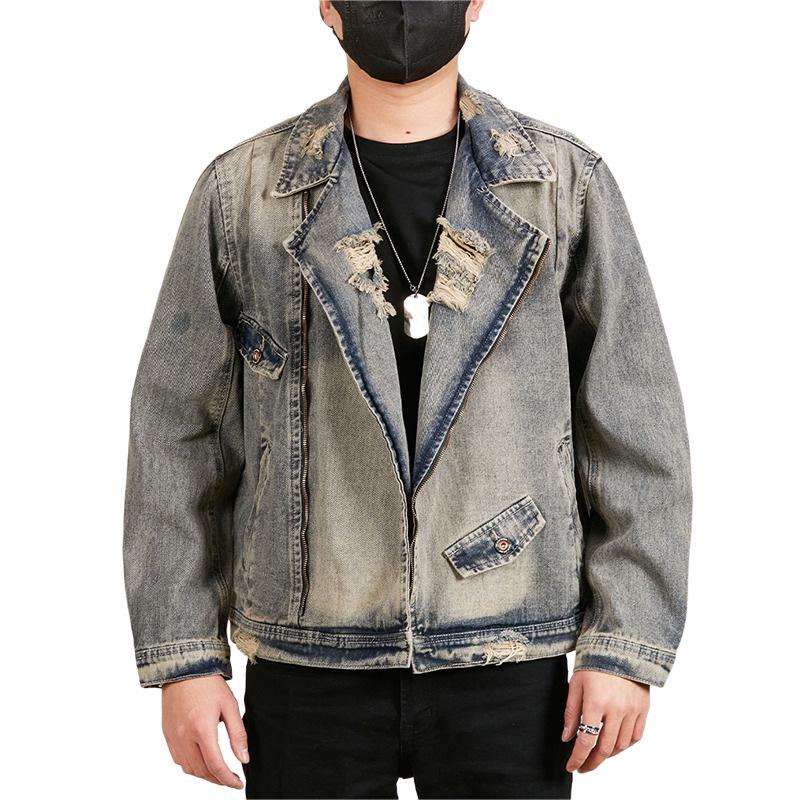 Men's Plus Size Retro Denim Jacket with Turn-Down Collar and Multi-Pockets for Spring