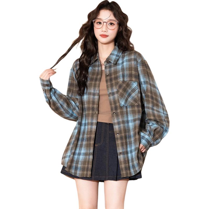 TonLion Women's Retro Plaid Gradient Shirt Jacket
