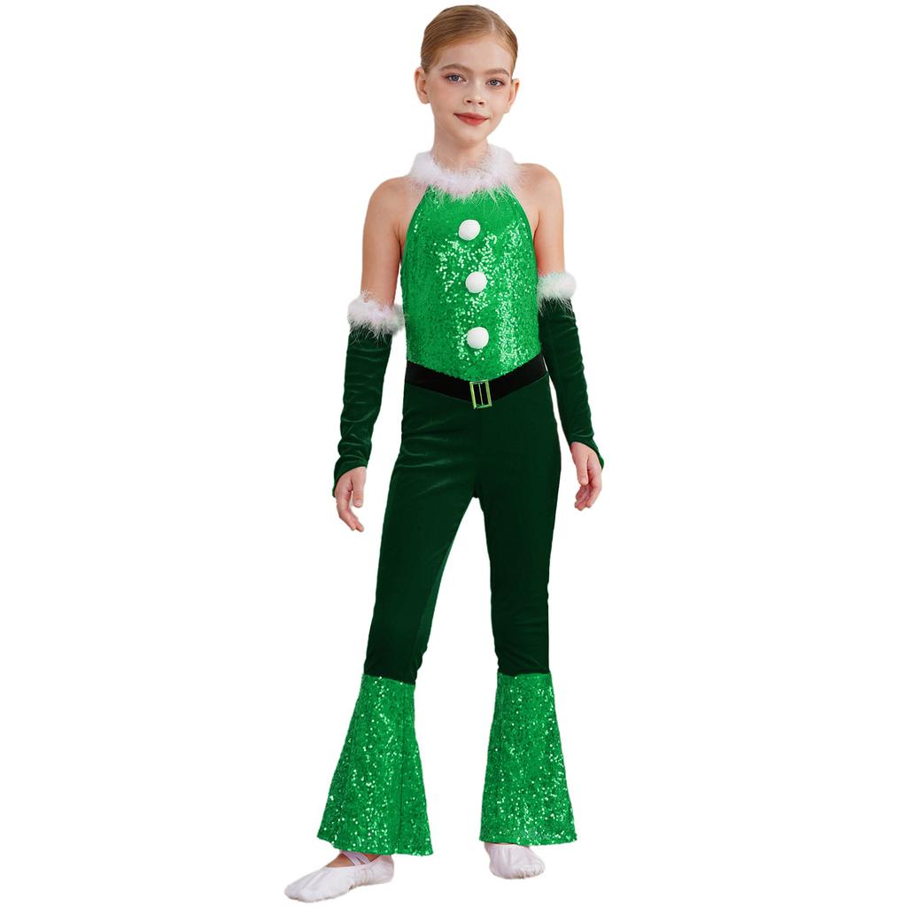 Girl Christmas Costume One Piece Sleeveless Velvet Bodysuit Plush Sequins Flared Jumpsuit Arm Sleeve Set